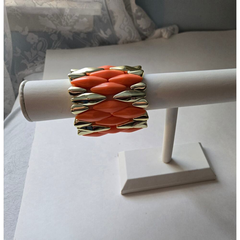 Retro Orange Sorbet and Gold Tone Large Stretchy Bracelet
